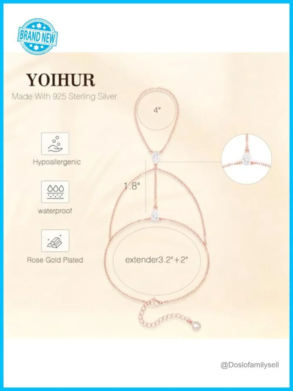 Rose Gold Hand Chain Bracelet 925 Sterling Silver Adjustable CZ Finger Ring